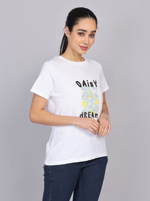 Women’s White Round Neck Chest Print T-Shirt