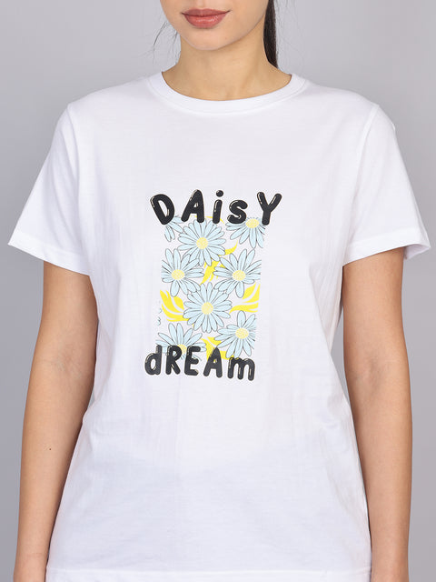Women’s White Round Neck Chest Print T-Shirt