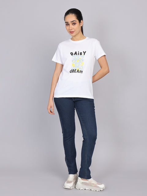 Women’s White Round Neck Chest Print T-Shirt