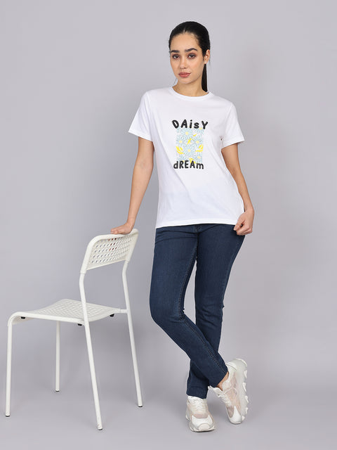 Women’s White Round Neck Chest Print T-Shirt