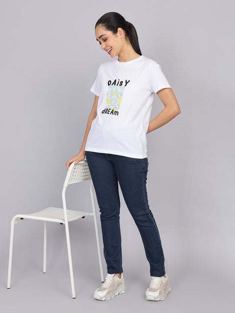 Women’s White Round Neck Chest Print T-Shirt