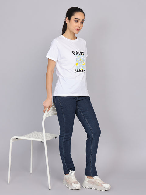 Women’s White Round Neck Chest Print T-Shirt