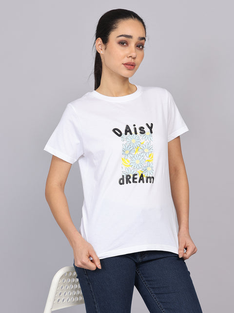 Women’s White Round Neck Chest Print T-Shirt