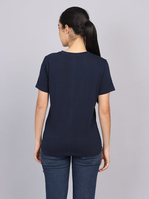 Women’s Navy Round Neck Chest Print T-Shirt
