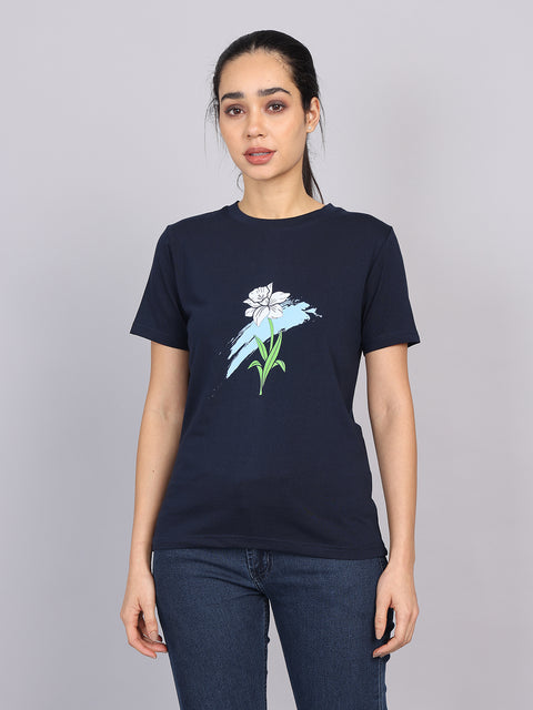 Women’s Navy Round Neck Chest Print T-Shirt