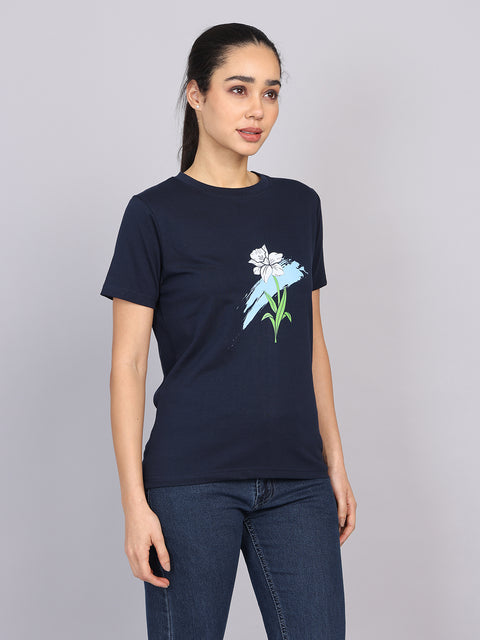 Women’s Navy Round Neck Chest Print T-Shirt