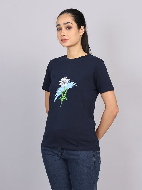 Women’s Navy Round Neck Chest Print T-Shirt