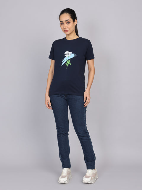 Women’s Navy Round Neck Chest Print T-Shirt