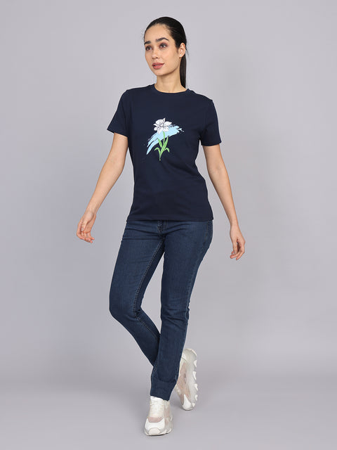 Women’s Navy Round Neck Chest Print T-Shirt
