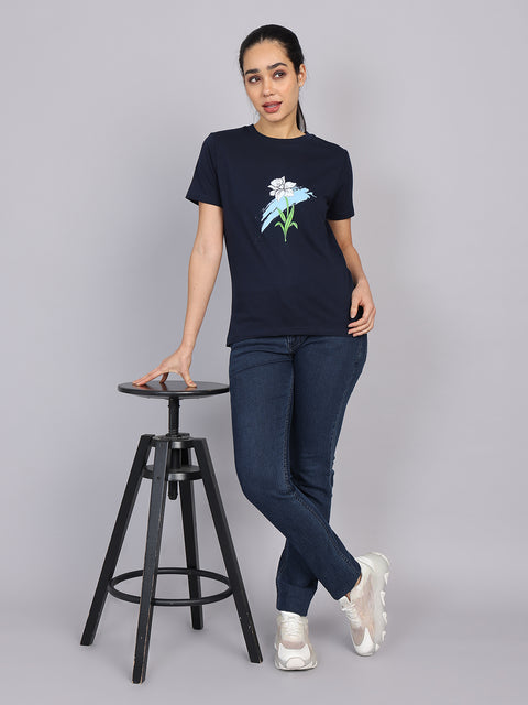 Women’s Navy Round Neck Chest Print T-Shirt