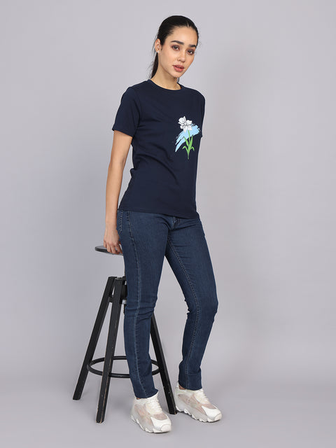 Women’s Navy Round Neck Chest Print T-Shirt