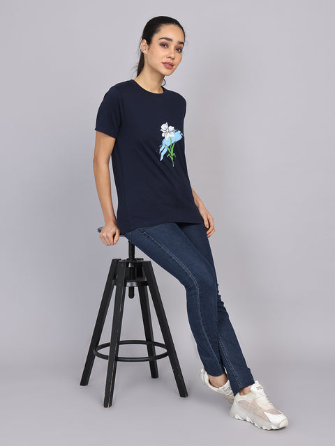Women’s Navy Round Neck Chest Print T-Shirt