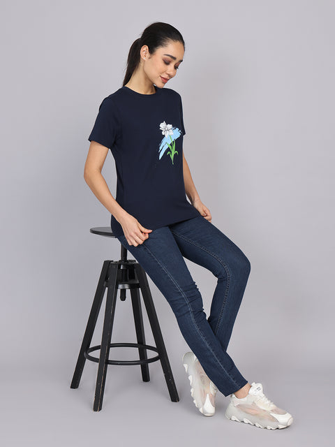 Women’s Navy Round Neck Chest Print T-Shirt