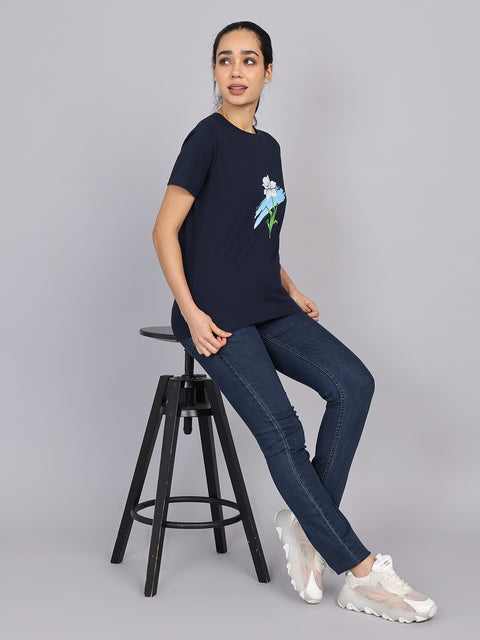 Women’s Navy Round Neck Chest Print T-Shirt