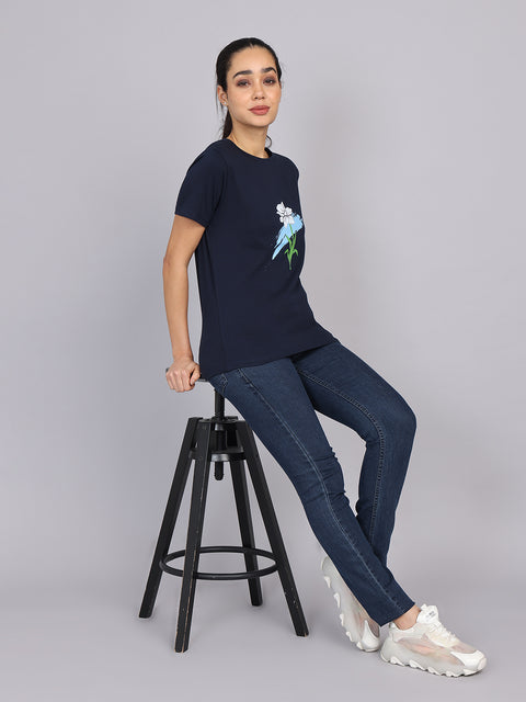 Women’s Navy Round Neck Chest Print T-Shirt
