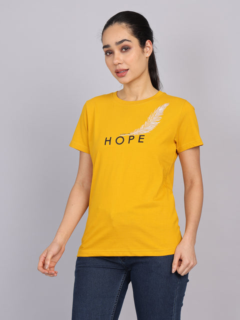 Women’s Mustard Round Neck Chest Print T-Shirt