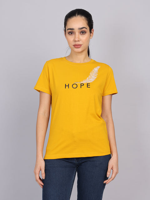 Women’s Mustard Round Neck Chest Print T-Shirt