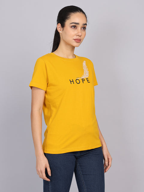 Women’s Mustard Round Neck Chest Print T-Shirt