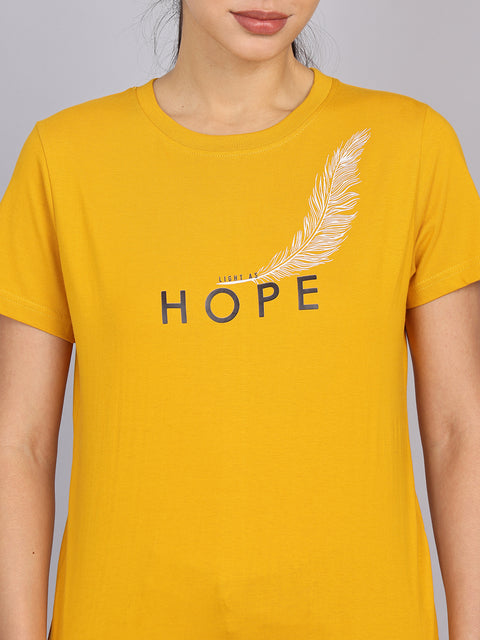 Women’s Mustard Round Neck Chest Print T-Shirt