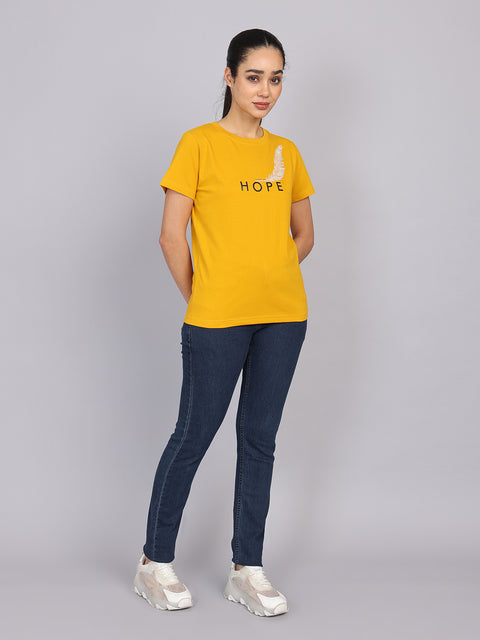 Women’s Mustard Round Neck Chest Print T-Shirt