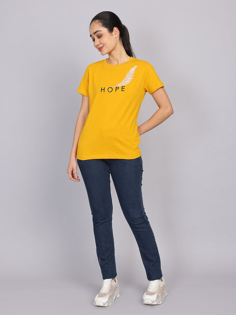 Women’s Mustard Round Neck Chest Print T-Shirt