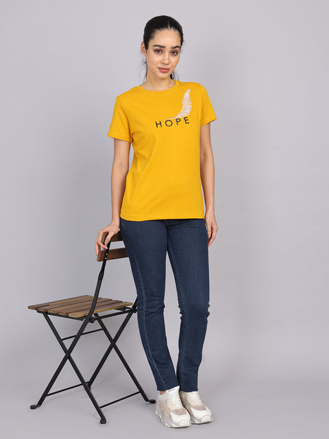 Women’s Mustard Round Neck Chest Print T-Shirt