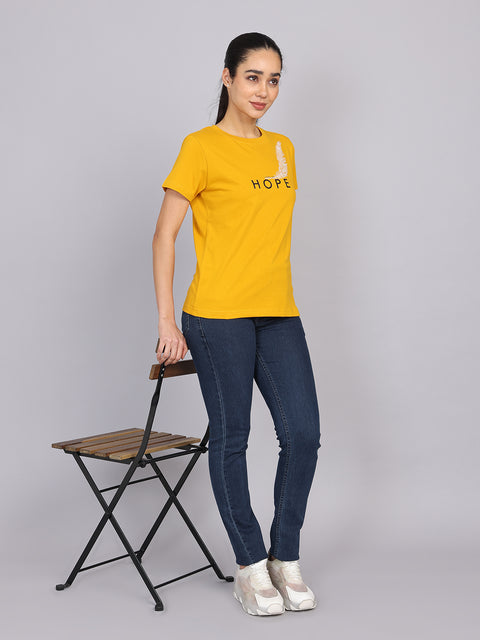Women’s Mustard Round Neck Chest Print T-Shirt