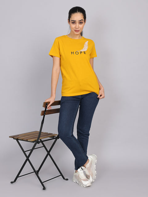Women’s Mustard Round Neck Chest Print T-Shirt