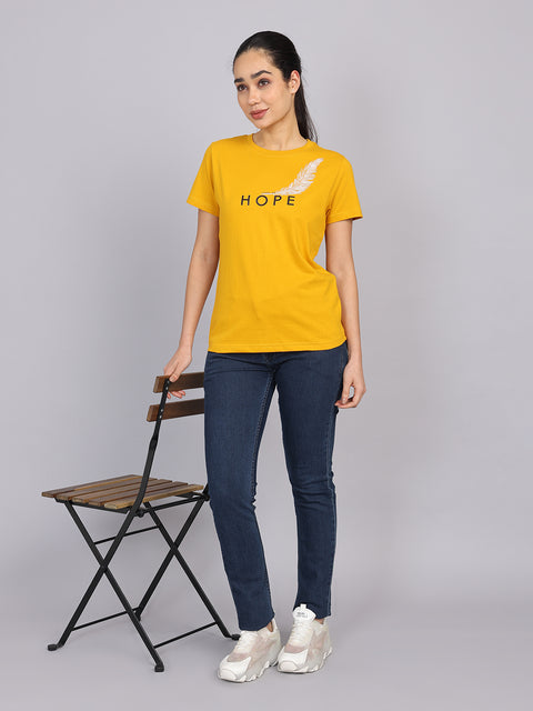 Women’s Mustard Round Neck Chest Print T-Shirt