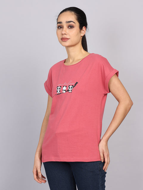 Women’s Dark Peach Dolman Sleeve Chest Print T-Shirt