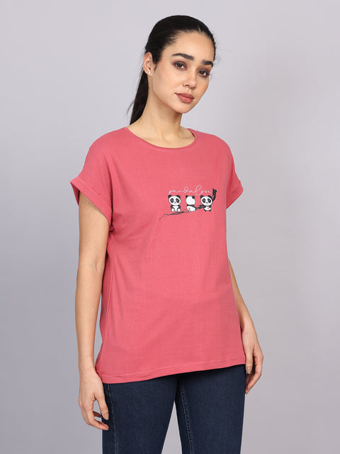 Women’s Dark Peach Dolman Sleeve Chest Print T-Shirt