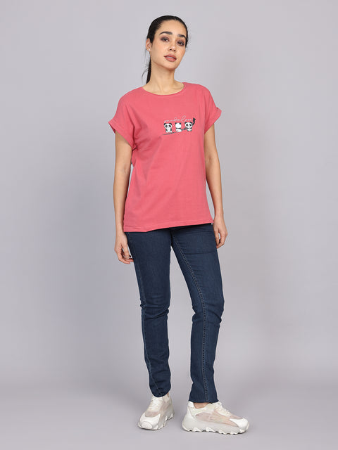 Women’s Dark Peach Dolman Sleeve Chest Print T-Shirt