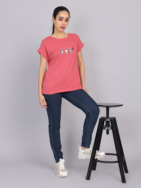 Women’s Dark Peach Dolman Sleeve Chest Print T-Shirt