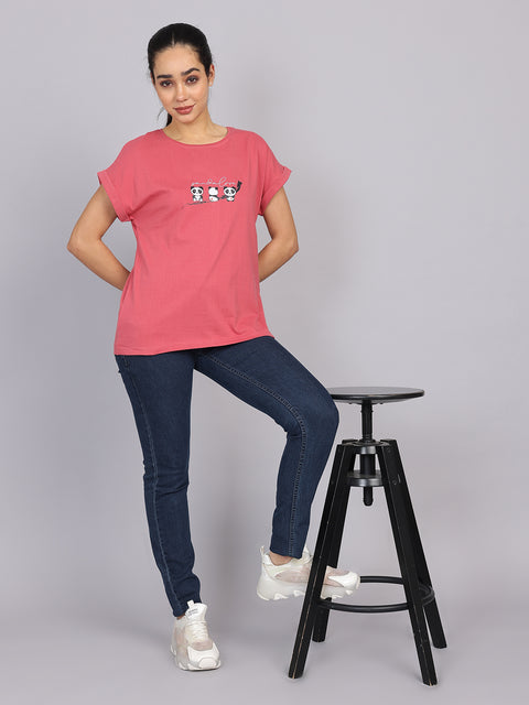 Women’s Dark Peach Dolman Sleeve Chest Print T-Shirt