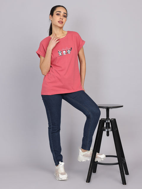 Women’s Dark Peach Dolman Sleeve Chest Print T-Shirt