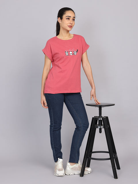 Women’s Dark Peach Dolman Sleeve Chest Print T-Shirt