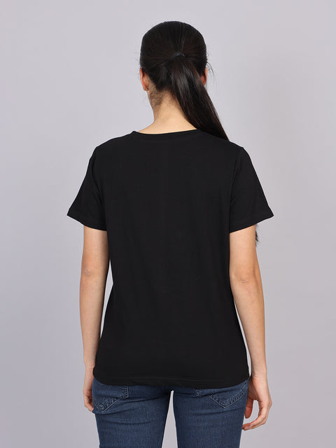 Women’s Black Round Neck Chest Print T-Shirt
