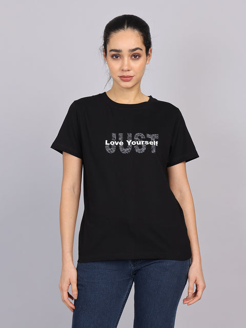 Women’s Black Round Neck Chest Print T-Shirt