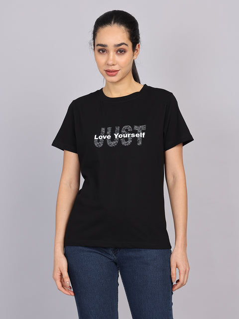 Women’s Black Round Neck Chest Print T-Shirt