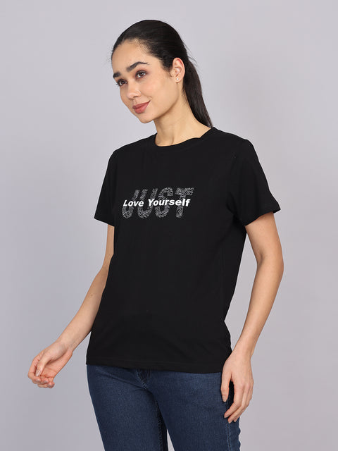 Women’s Black Round Neck Chest Print T-Shirt