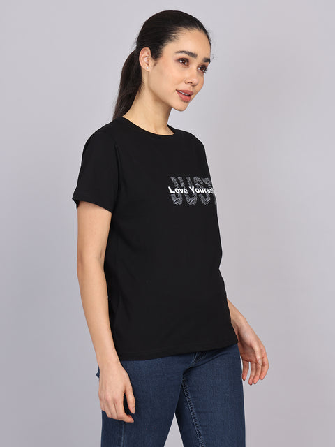 Women’s Black Round Neck Chest Print T-Shirt