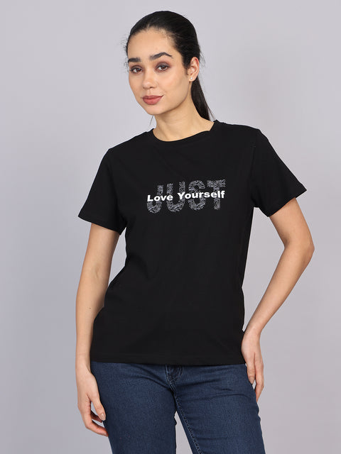 Women’s Black Round Neck Chest Print T-Shirt