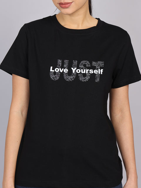 Women’s Black Round Neck Chest Print T-Shirt