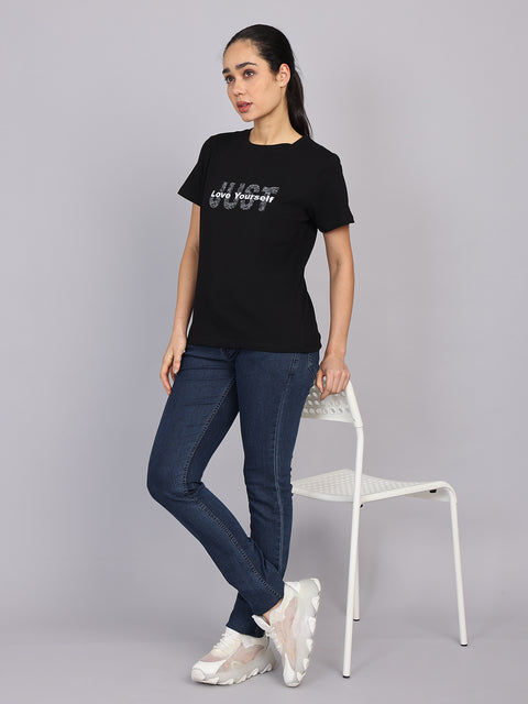 Women’s Black Round Neck Chest Print T-Shirt
