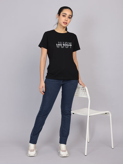 Women’s Black Round Neck Chest Print T-Shirt