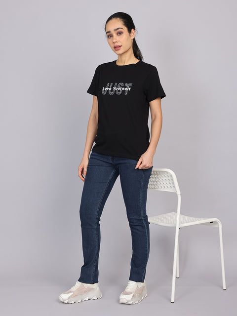 Women’s Black Round Neck Chest Print T-Shirt