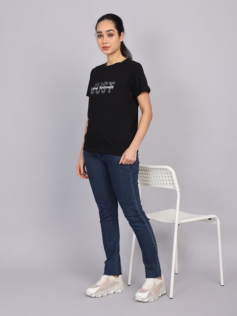 Women’s Black Round Neck Chest Print T-Shirt