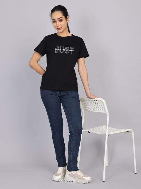 Women’s Black Round Neck Chest Print T-Shirt