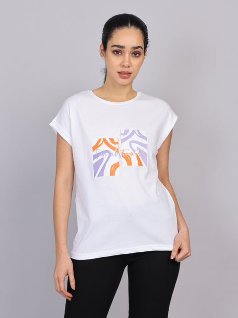 Women’s White Dolman Sleeve Chest Print T-Shirt