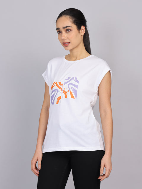 Women’s White Dolman Sleeve Chest Print T-Shirt